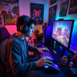 A gamer intensely focused on playing Minecraft on a high-end gaming setup