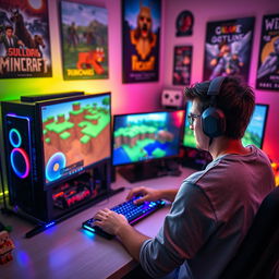 A gamer intensely focused on playing Minecraft on a high-end gaming setup