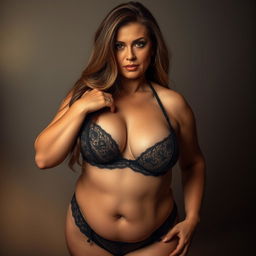 A mature woman with a confident and alluring demeanor, showcasing her voluptuous figure