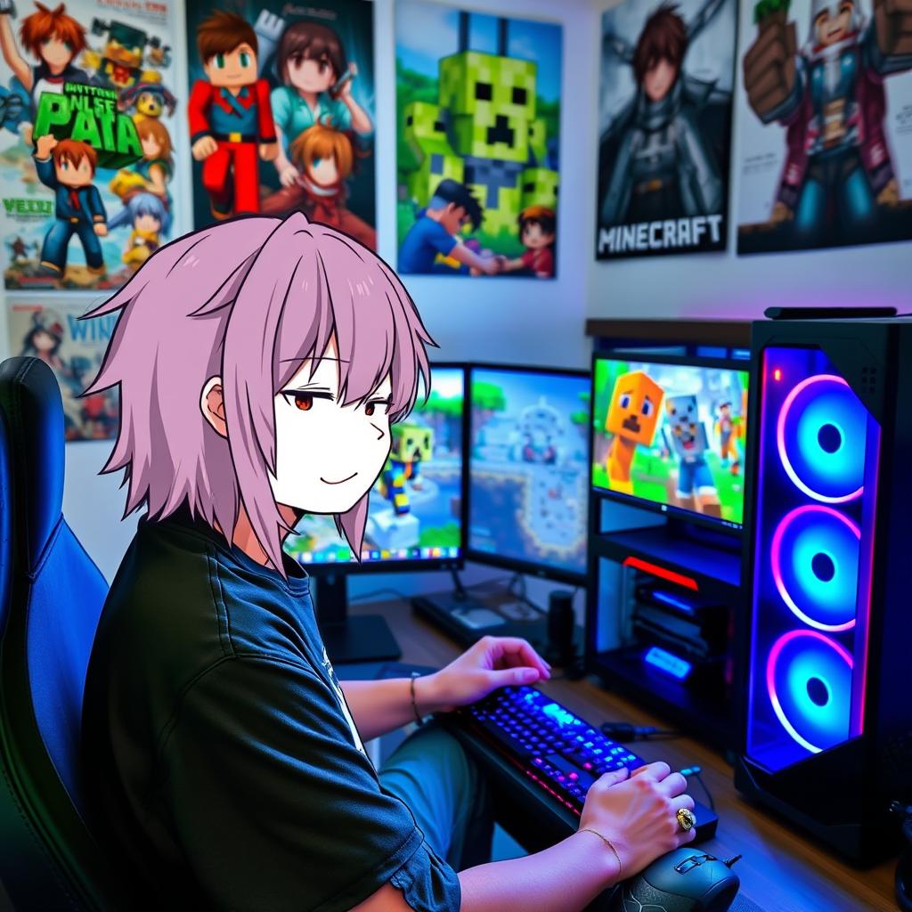 A person with an anime-style face sitting in front of a gaming setup, playing Minecraft