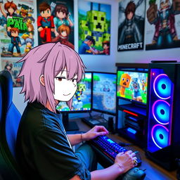A person with an anime-style face sitting in front of a gaming setup, playing Minecraft