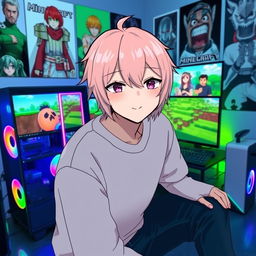 A person with an anime-style face sitting in front of a gaming setup, playing Minecraft
