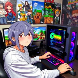 A person with an anime-style face sitting in front of a gaming setup, playing Minecraft