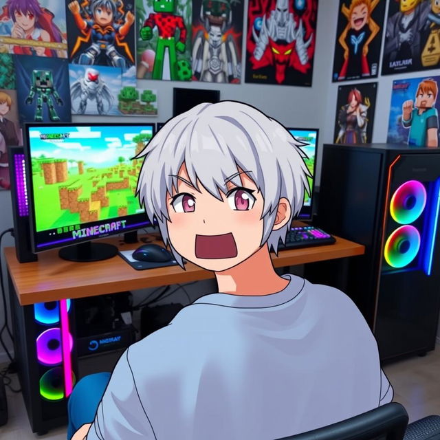 A person with an anime-style face sitting in front of a gaming setup, playing Minecraft