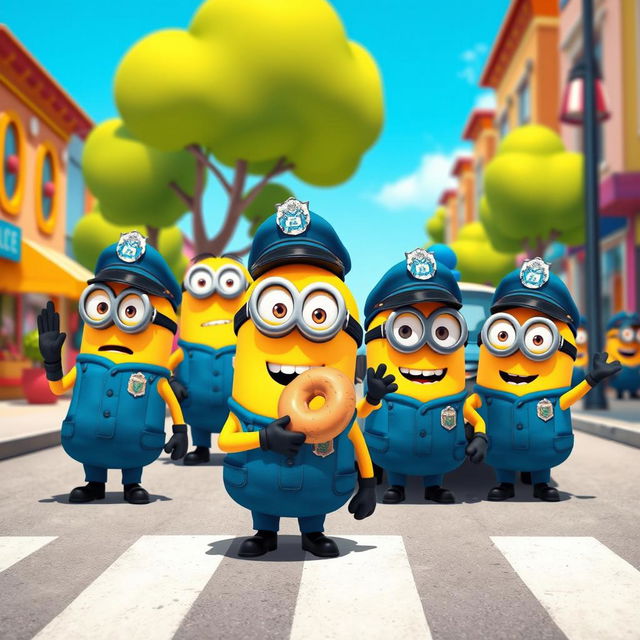 A whimsical scene featuring cartoonish minions dressed as police officers, complete with blue uniforms, shiny badges, and adorable police hats