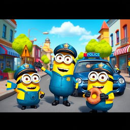 A whimsical scene featuring cartoonish minions dressed as police officers, complete with blue uniforms, shiny badges, and adorable police hats