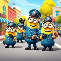 A whimsical scene featuring cartoonish minions dressed as police officers, complete with blue uniforms, shiny badges, and adorable police hats