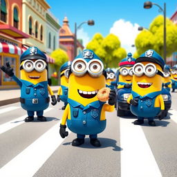 A whimsical scene featuring cartoonish minions dressed as police officers, complete with blue uniforms, shiny badges, and adorable police hats