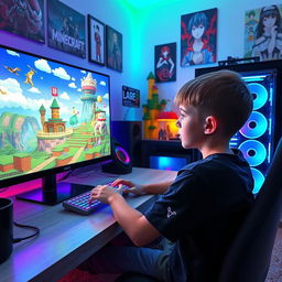 A young boy playing Minecraft on an impressive gaming setup, featuring a stylish gaming case with RGB lights