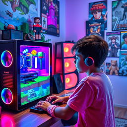 A young boy playing Minecraft on an impressive gaming setup, featuring a stylish gaming case with RGB lights