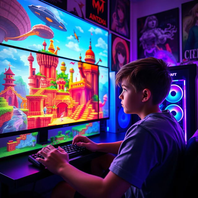 A young boy playing Minecraft on an impressive gaming setup, featuring a stylish gaming case with RGB lights