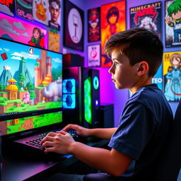 A young boy playing Minecraft on an impressive gaming setup, featuring a stylish gaming case with RGB lights