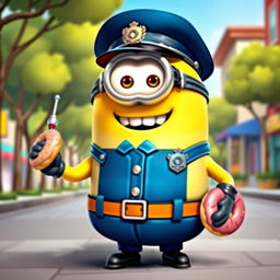 A cheerful minion portrayed as a policeman, wearing a classic blue police uniform with a badge and a police hat