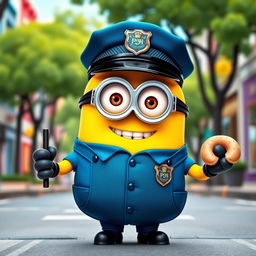 A cheerful minion portrayed as a policeman, wearing a classic blue police uniform with a badge and a police hat