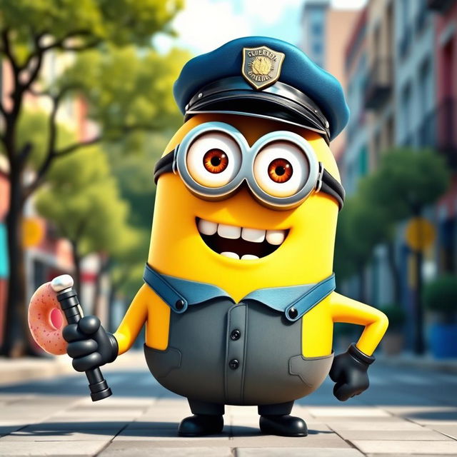 A cheerful minion portrayed as a policeman, wearing a classic blue police uniform with a badge and a police hat