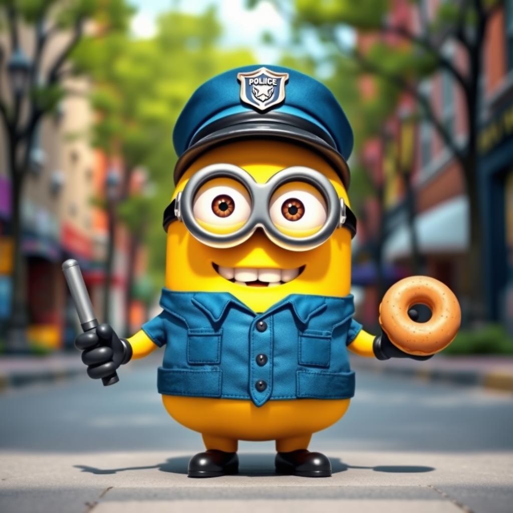 A cheerful minion portrayed as a policeman, wearing a classic blue police uniform with a badge and a police hat