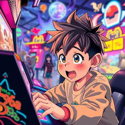 A young boy immersed in an anime world, excitedly playing video games on a gaming console