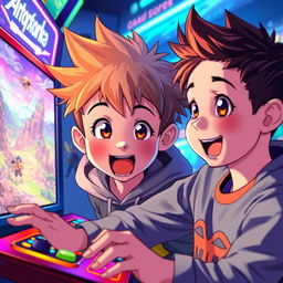 A young boy immersed in an anime world, excitedly playing video games on a gaming console