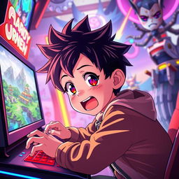 A young boy immersed in an anime world, excitedly playing video games on a gaming console