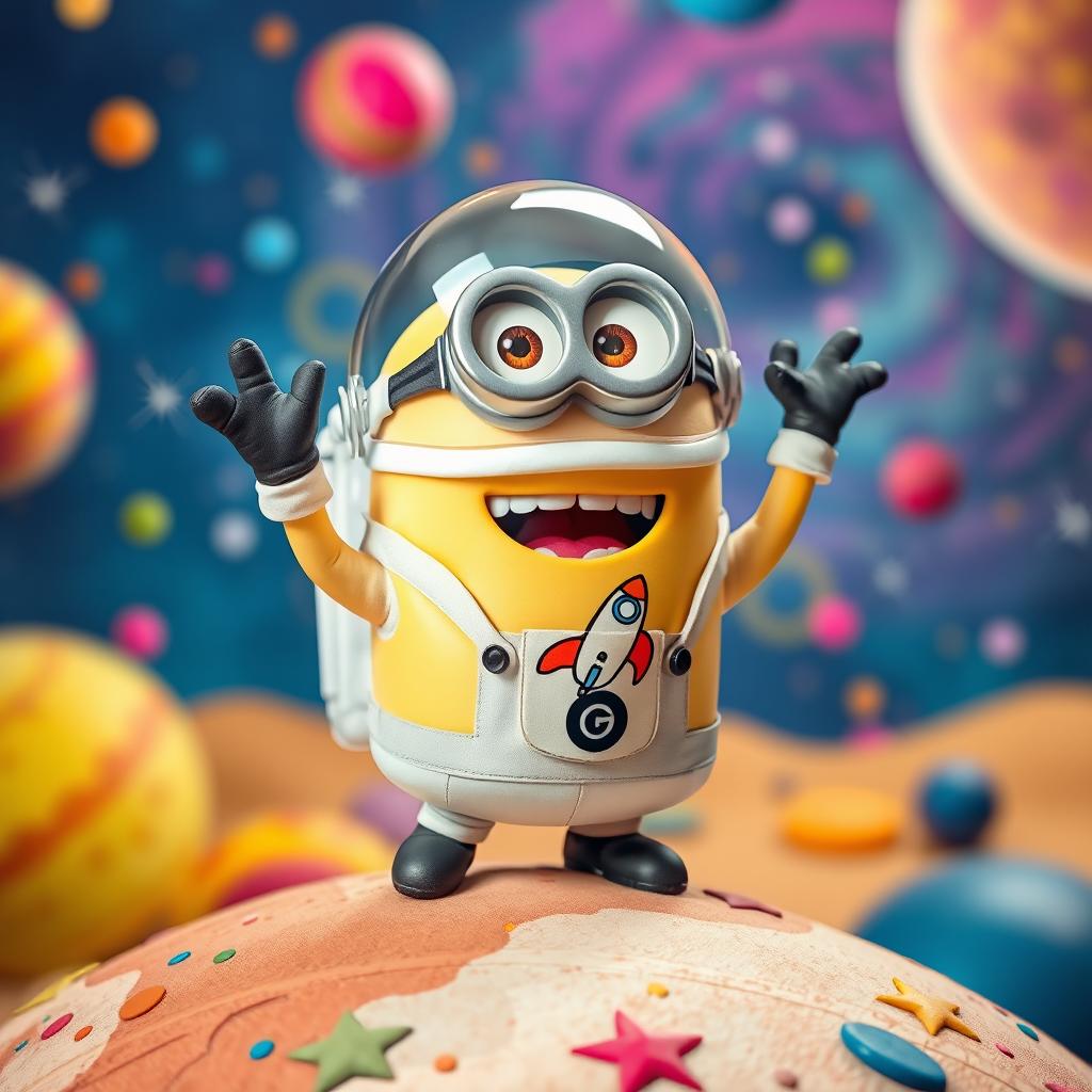 A playful scene featuring a cheerful minion as an astronaut, wearing an adorable white space suit complete with a clear helmet and a colorful patch showing a cartoon rocket