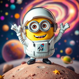 A playful scene featuring a cheerful minion as an astronaut, wearing an adorable white space suit complete with a clear helmet and a colorful patch showing a cartoon rocket