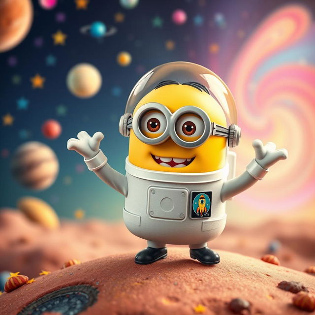 A playful scene featuring a cheerful minion as an astronaut, wearing an adorable white space suit complete with a clear helmet and a colorful patch showing a cartoon rocket