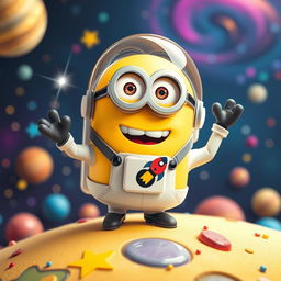 A playful scene featuring a cheerful minion as an astronaut, wearing an adorable white space suit complete with a clear helmet and a colorful patch showing a cartoon rocket