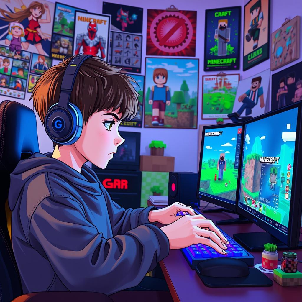 A young boy living in an anime world, fully immersed in the gaming experience, using a gaming rig with vibrant RGB lighting