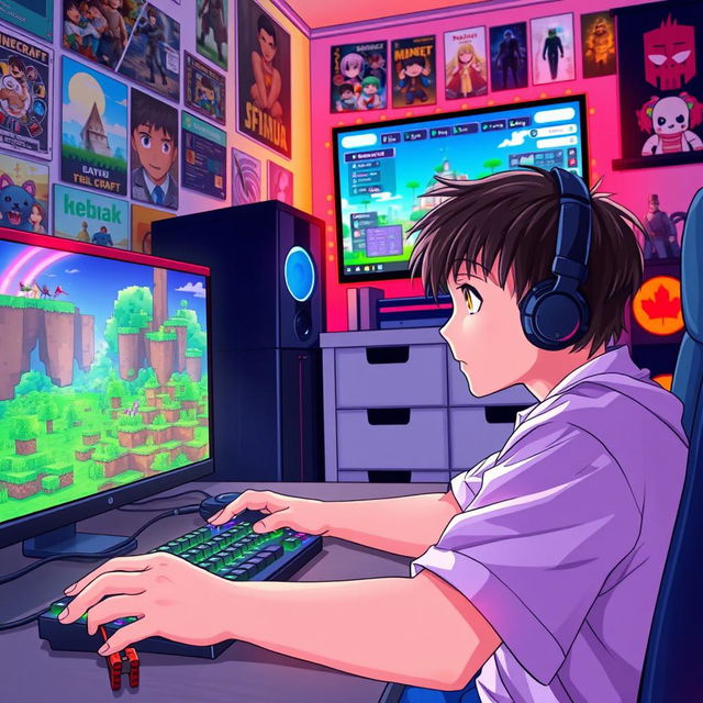 A young boy living in an anime world, fully immersed in the gaming experience, using a gaming rig with vibrant RGB lighting