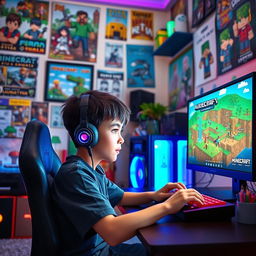 A young boy living in an anime world, fully immersed in the gaming experience, using a gaming rig with vibrant RGB lighting
