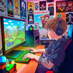 A young boy living in an anime world, fully immersed in the gaming experience, using a gaming rig with vibrant RGB lighting