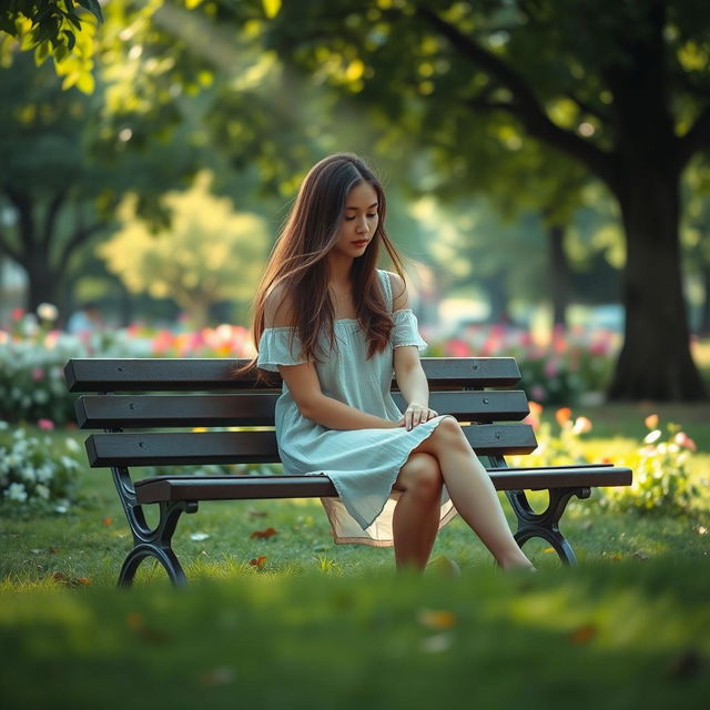 A young woman sitting alone on a park bench, looking thoughtfully at the ground