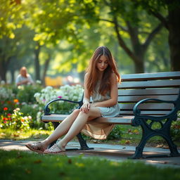 A young woman sitting alone on a park bench, looking thoughtfully at the ground