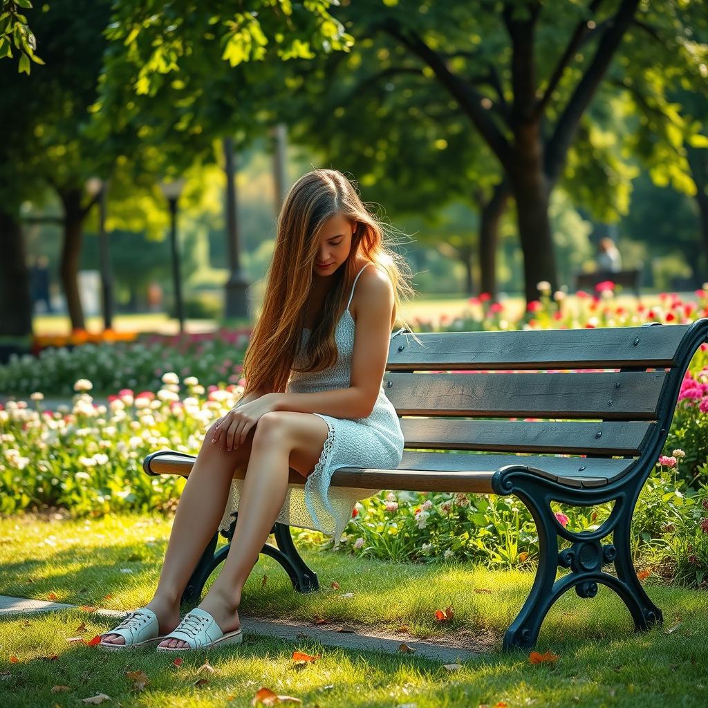 A young woman sitting alone on a park bench, looking thoughtfully at the ground