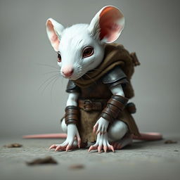A young humanoid mouse character colored white, adorned in leather armor and clothing inspired by the world of Dungeons and Dragons