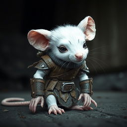 A young humanoid mouse character colored white, adorned in leather armor and clothing inspired by the world of Dungeons and Dragons