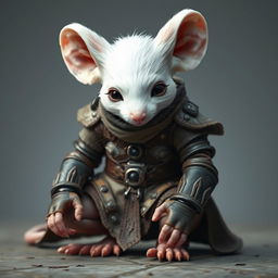A young humanoid mouse character colored white, adorned in leather armor and clothing inspired by the world of Dungeons and Dragons