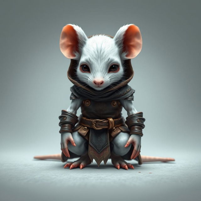 A young humanoid mouse character colored white, adorned in leather armor and clothing inspired by the world of Dungeons and Dragons