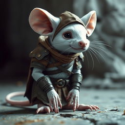 A young humanoid mouse character colored white, clad in leather armor and clothing inspired by the world of Dungeons and Dragons
