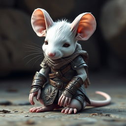 A young humanoid mouse character colored white, clad in leather armor and clothing inspired by the world of Dungeons and Dragons