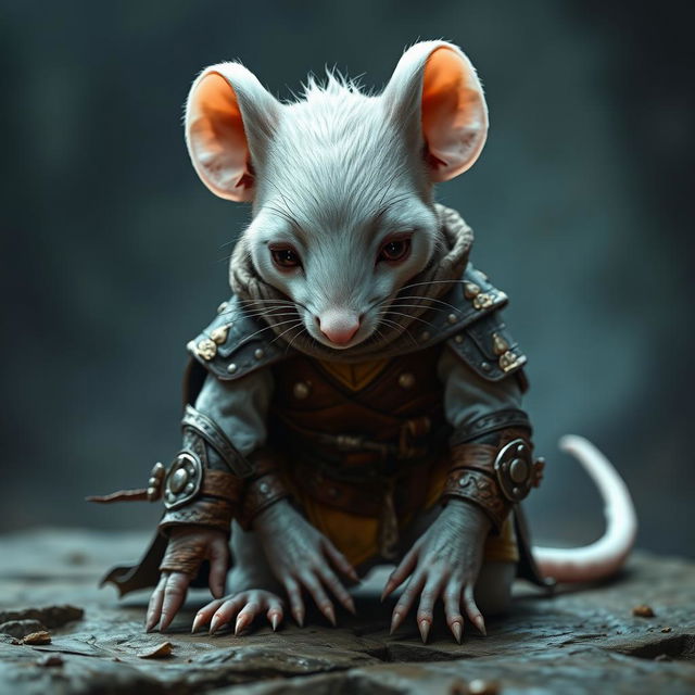 A young humanoid mouse character colored white, clad in leather armor and clothing inspired by the world of Dungeons and Dragons