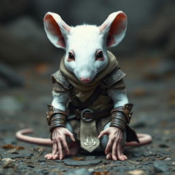 A young humanoid mouse character colored white, clad in leather armor and clothing inspired by the world of Dungeons and Dragons