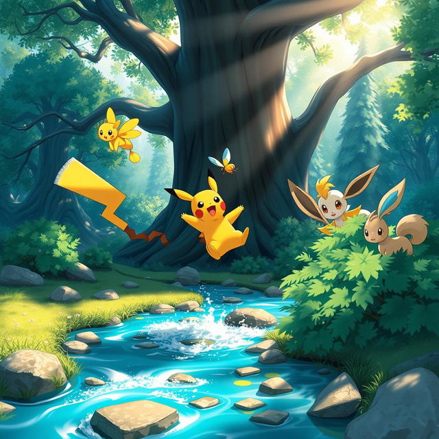 A vibrant and dynamic scene portraying various Pokémon in a lush forest environment