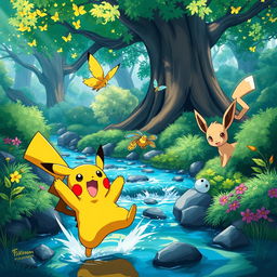 A vibrant and dynamic scene portraying various Pokémon in a lush forest environment