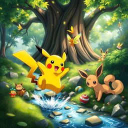 A vibrant and dynamic scene portraying various Pokémon in a lush forest environment