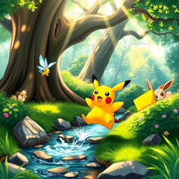 A vibrant and dynamic scene portraying various Pokémon in a lush forest environment