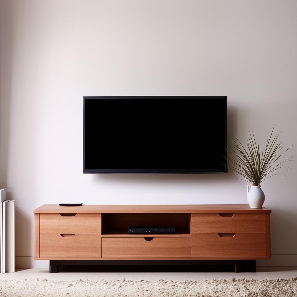 Create a room with a 10x10 feet wall, featuring a wooden finish television unit on the wall.