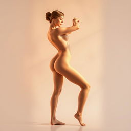 A beautifully composed artwork of an elegant nude figure striking a graceful pose, emphasizing the curves and contours of the body, set against a soft, ethereal background of blurred pastel hues