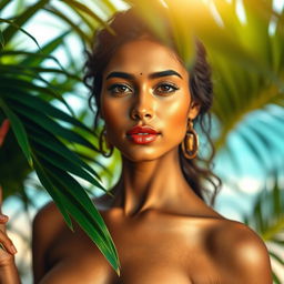 A beautiful and serene portrait of a nude woman with South Indian features, showcasing her graceful pose while surrounded by lush green tropical foliage