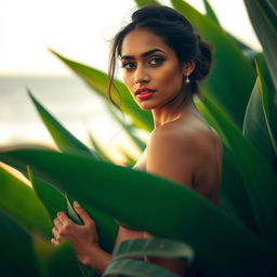A beautiful and serene portrait of a nude woman with South Indian features, showcasing her graceful pose while surrounded by lush green tropical foliage